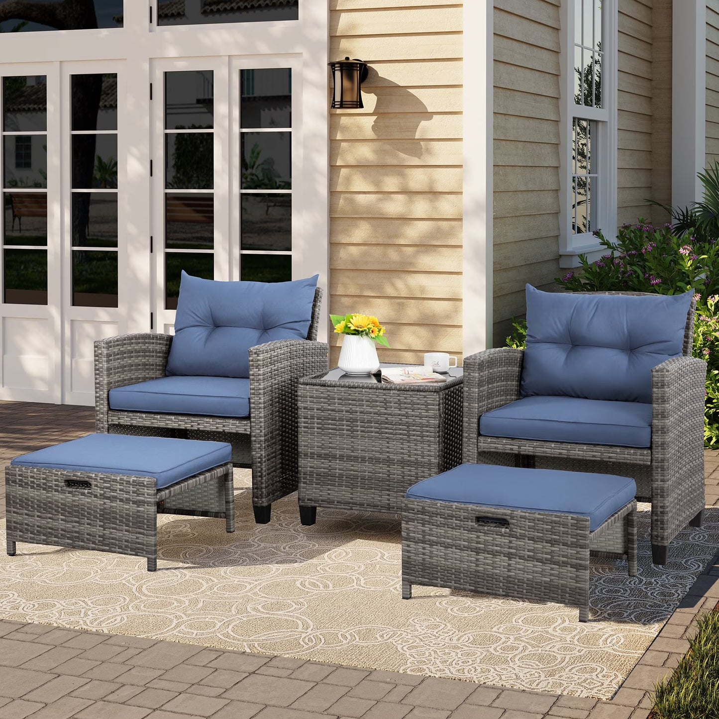 Sobaniilo 5 Piece Patio Furniture Set,Outdoor PE Wicker Patio Chair Two with Ottoman Underneath, Wicker Lounge Chair with Side Table, Beige