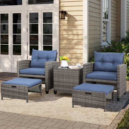 Sobaniilo 5 Piece Patio Furniture Set,Outdoor PE Wicker Patio Chair Two with Ottoman Underneath, Wicker Lounge Chair with Side Table, Beige