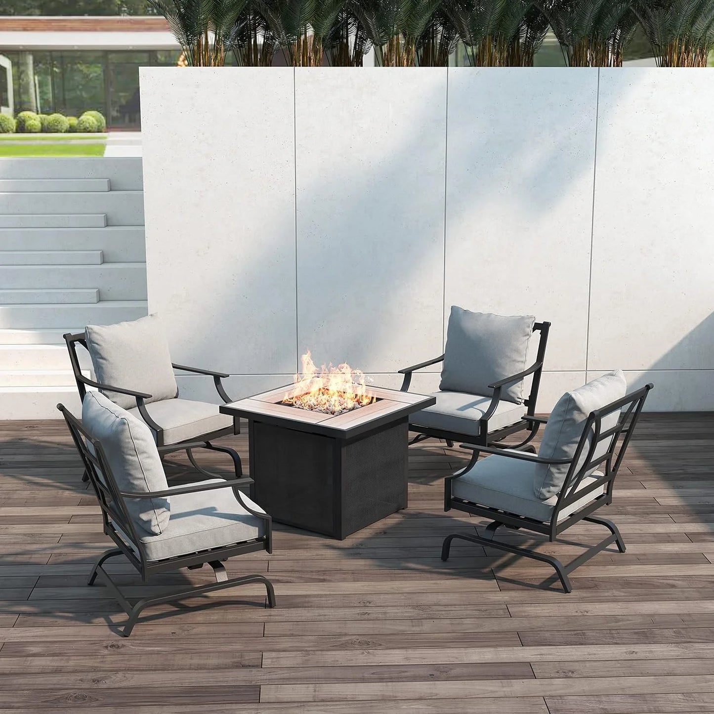 Grand Patio 5-Piece Patio Furniture Conversation Sets with Propane Fire Pit Table Cushioned Rocking Chairs Set of 4, Steel Frame, Gray