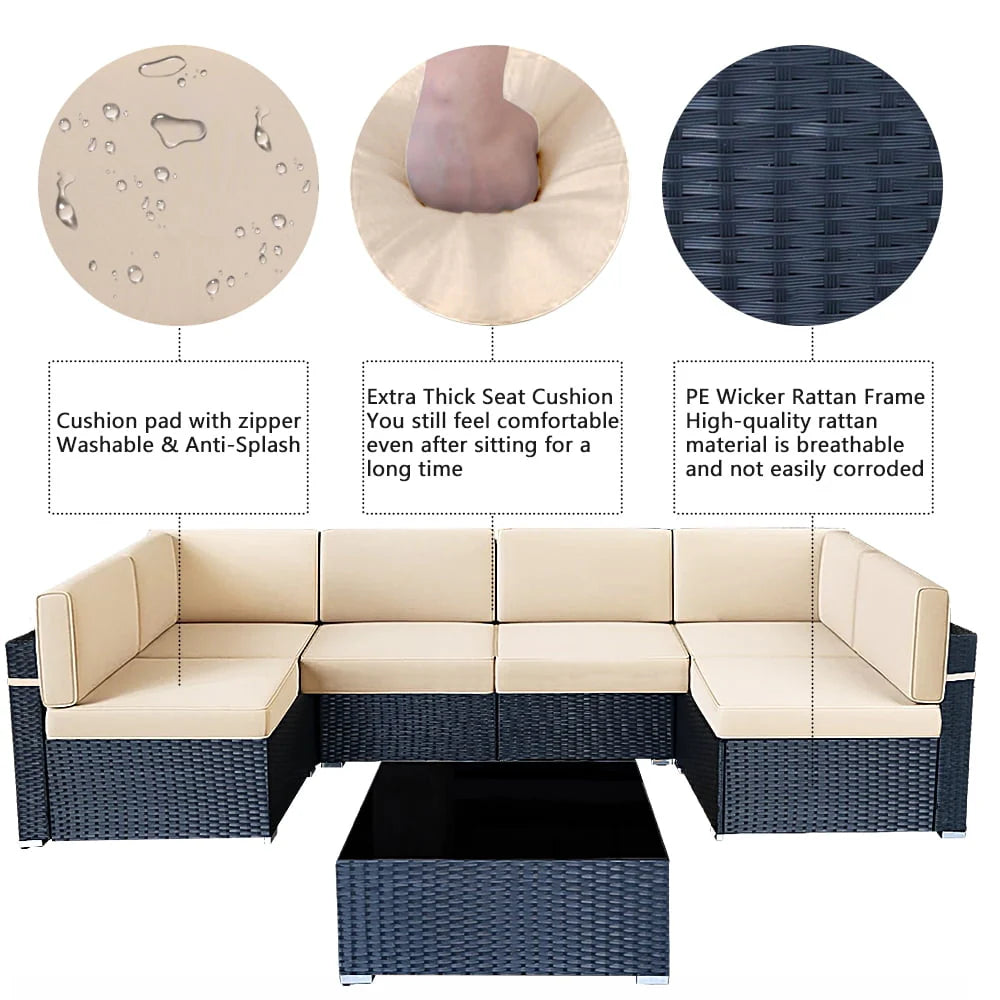 7 Piece Rattan Sectional Sofa Set, Outdoor Conversation Set, All-Weather Wicker Sectional Seating Group with Cushions & Coffee Table, Morden Furniture Couch Set for Patio Deck Garden Pool, K2774