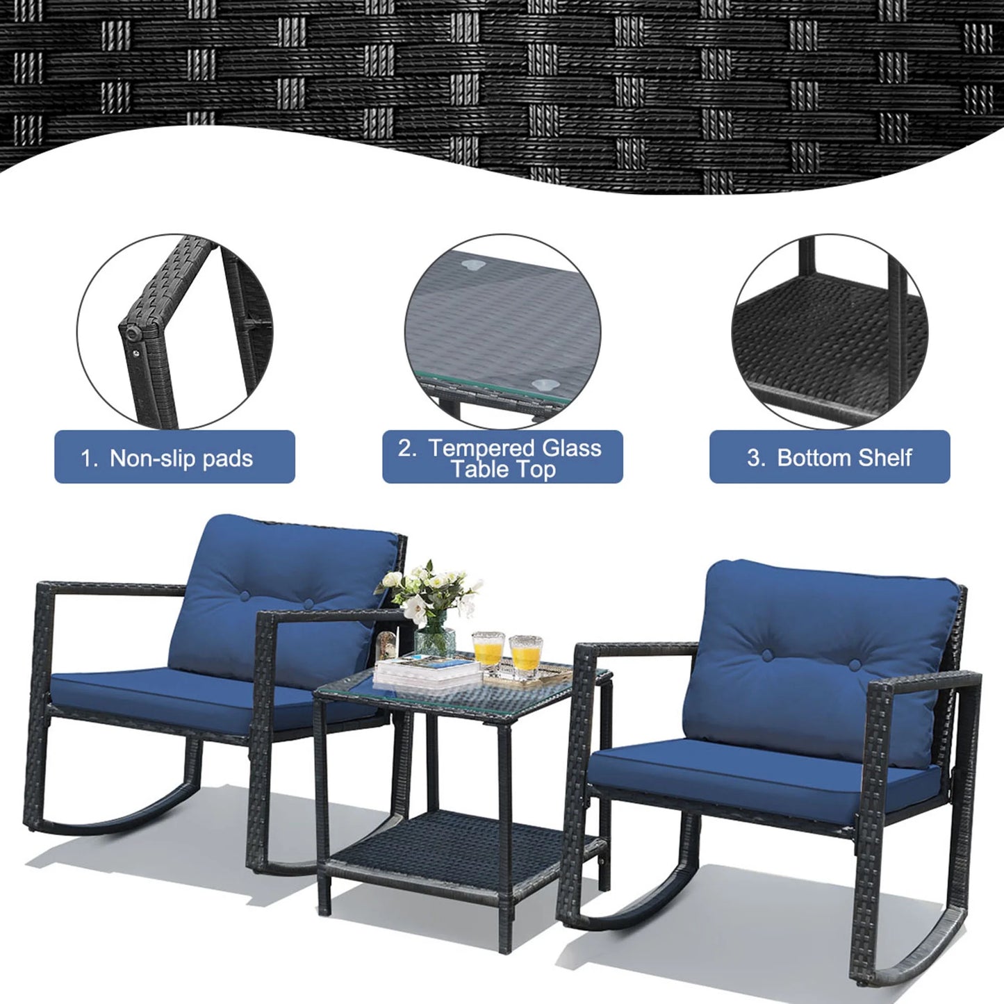 Gymax 3PCS Rattan Rocking Chair Table Set Patio Furniture Set w/Navy Cushions