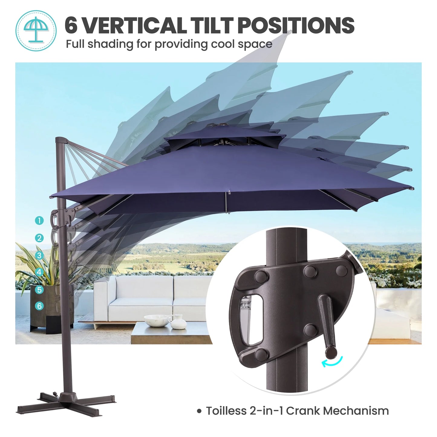 Pellebant 10 ft. x 10 ft. Square Double Top Patio Cantilever Umbrella, Navy Blue