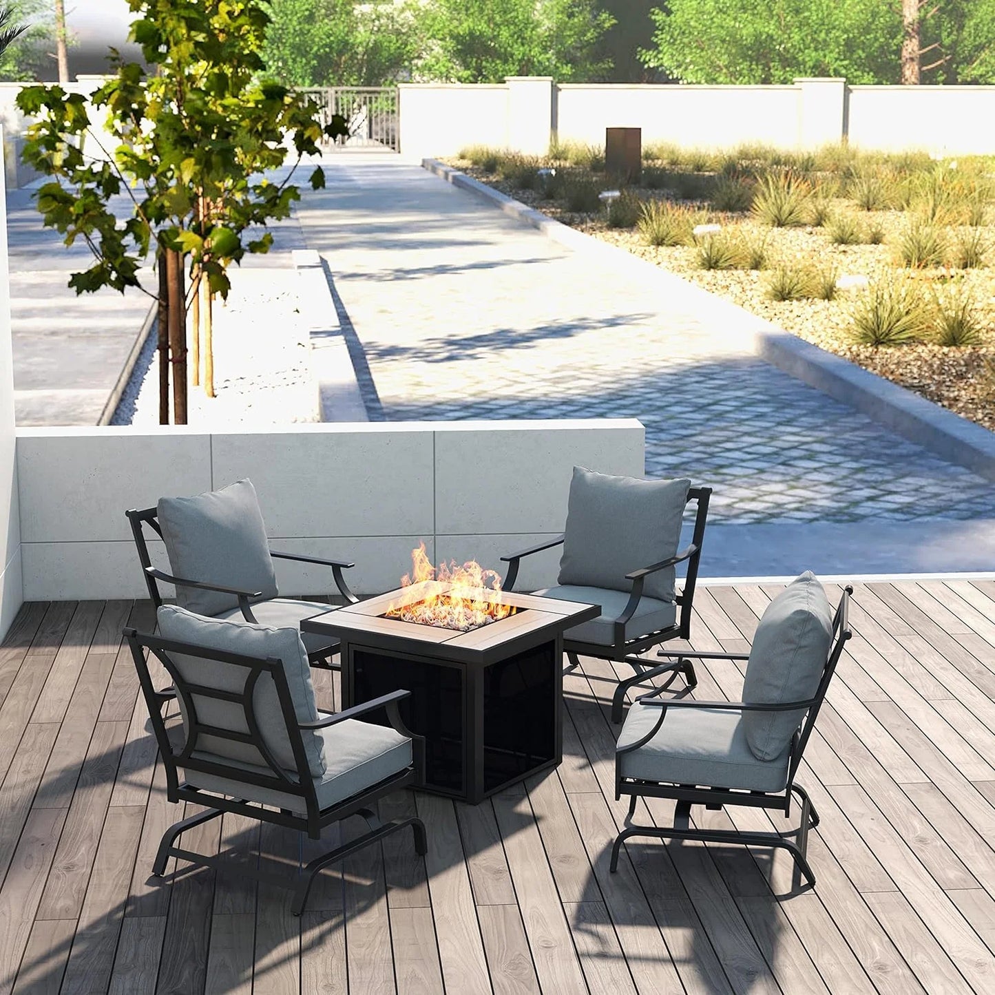 Grand Patio 5-Piece Patio Furniture Conversation Sets with Propane Fire Pit Table Cushioned Rocking Chairs Set of 4, Steel Frame, Gray