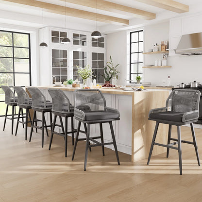 MEISSALIVVE Set of 2 Rattan Swivel Bar Stools, 26" Counter Height with Woven Rope Back, Cushioned Patio Bar Chairs for Kitchen, Garden, Beige