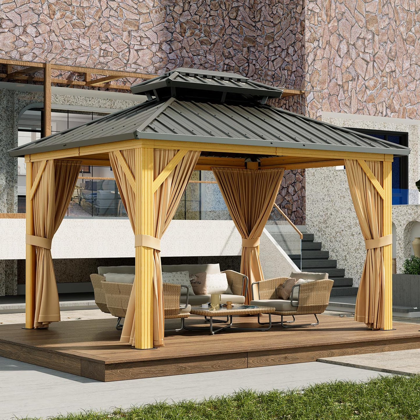 TROPOW 10x12ft Hardtop Gazebo Double Roof with Nettings and Curtains,Aluminum Frame,Wood Grain Heavy Duty Galvanized Steel Outdoor Combined of Vertical Stripes Roof for Garden,Patio,Lawns,Parties