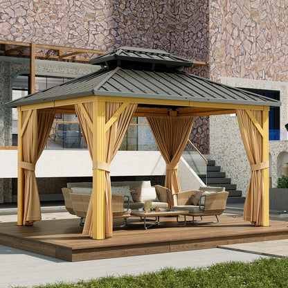 TROPOW 10x12ft Hardtop Gazebo Double Roof with Nettings and Curtains,Aluminum Frame,Wood Grain Heavy Duty Galvanized Steel Outdoor Combined of Vertical Stripes Roof for Garden,Patio,Lawns,Parties