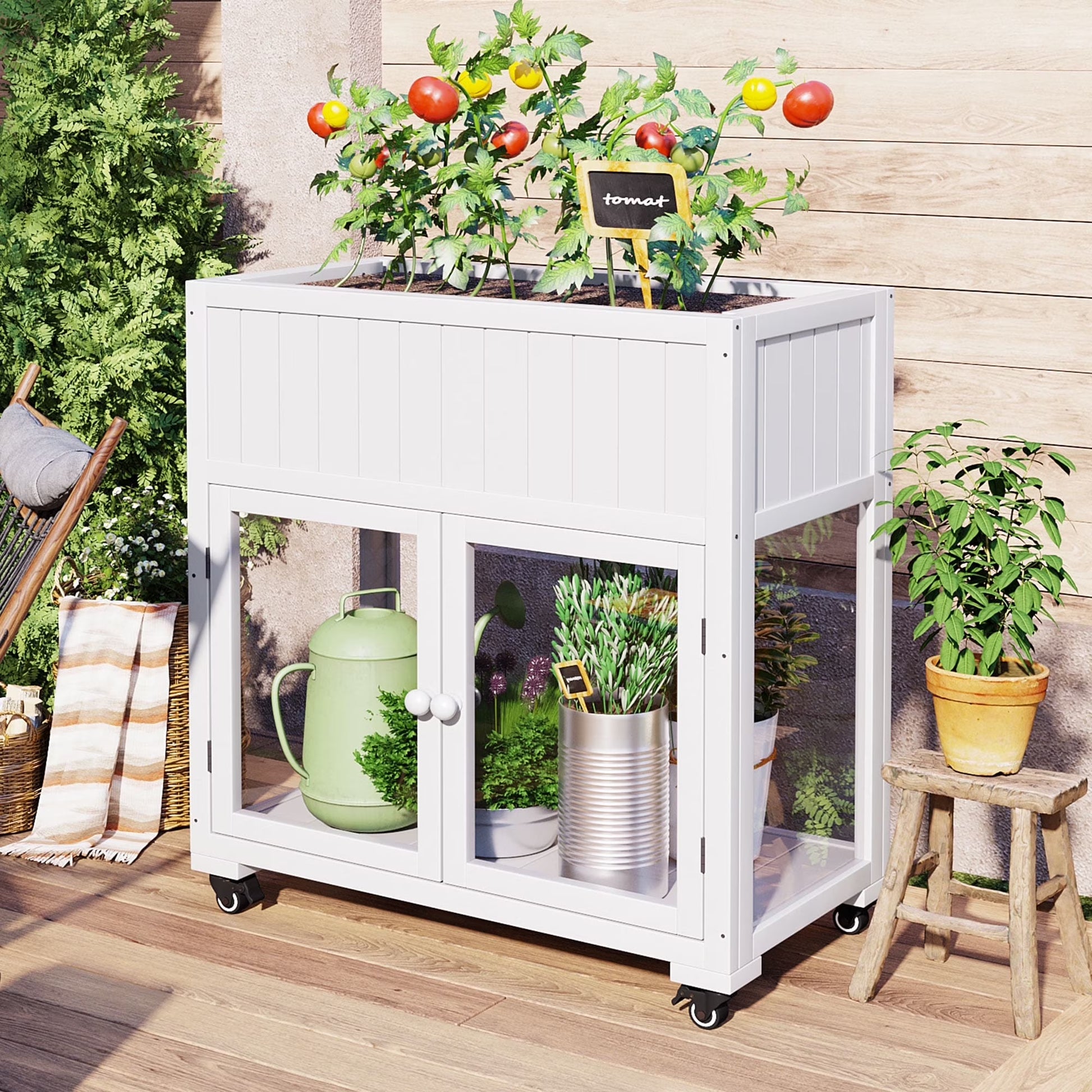 Segmart Raised Wood Greenhouse Outdoor/Indoor,Herb Garden Above Ground Cold Frame with Legs,Mini Garden Bed On Wheels Patio for Vegetable herb