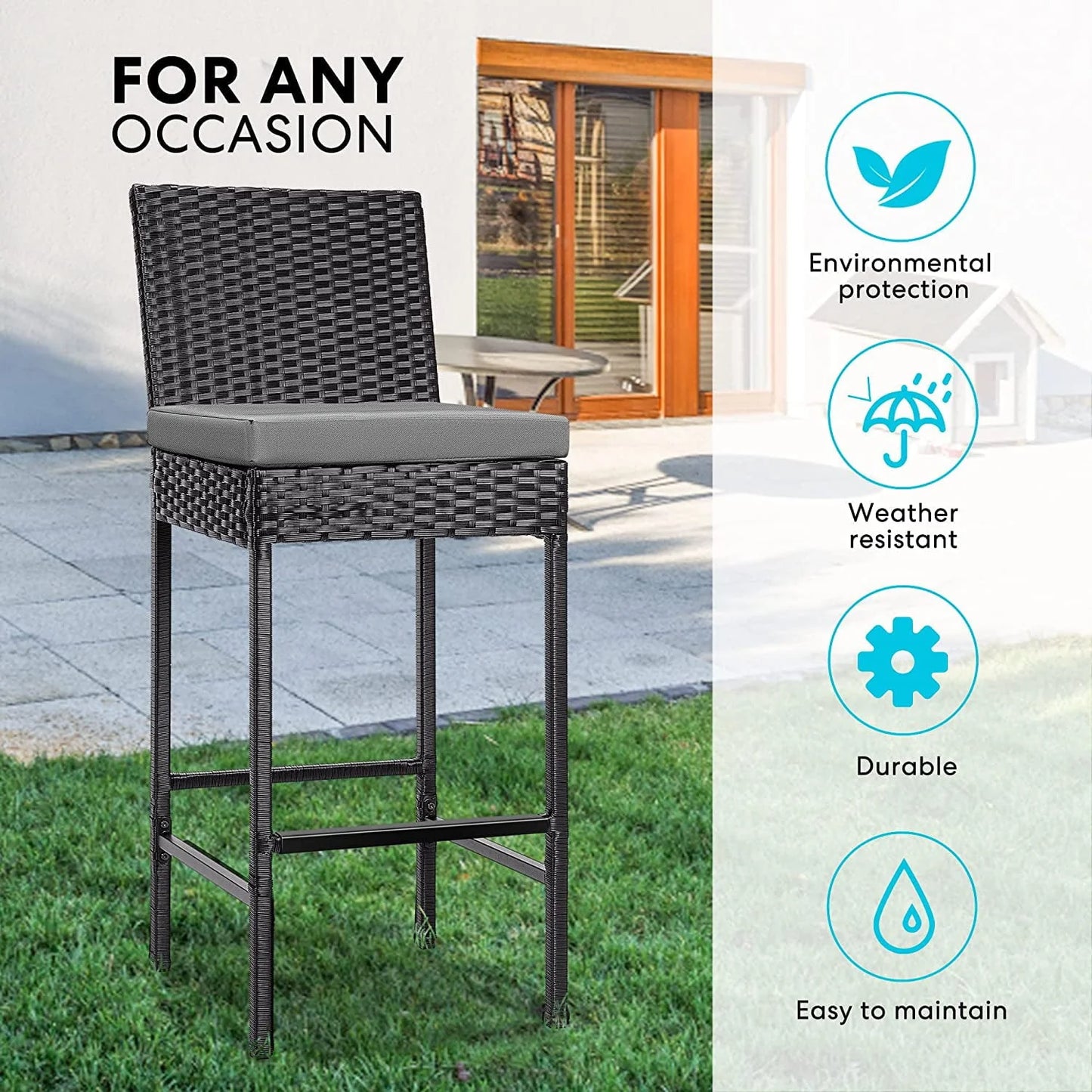 VIVOHOME Outdoor Wicker Bar Stools Set of 2, Patio Rattan Furniture with Cushions, Black