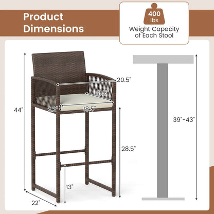 Costway Patio Bar Stools Set of 2 PE Rattan Bar Height Chairs with Backrests & Armrests
