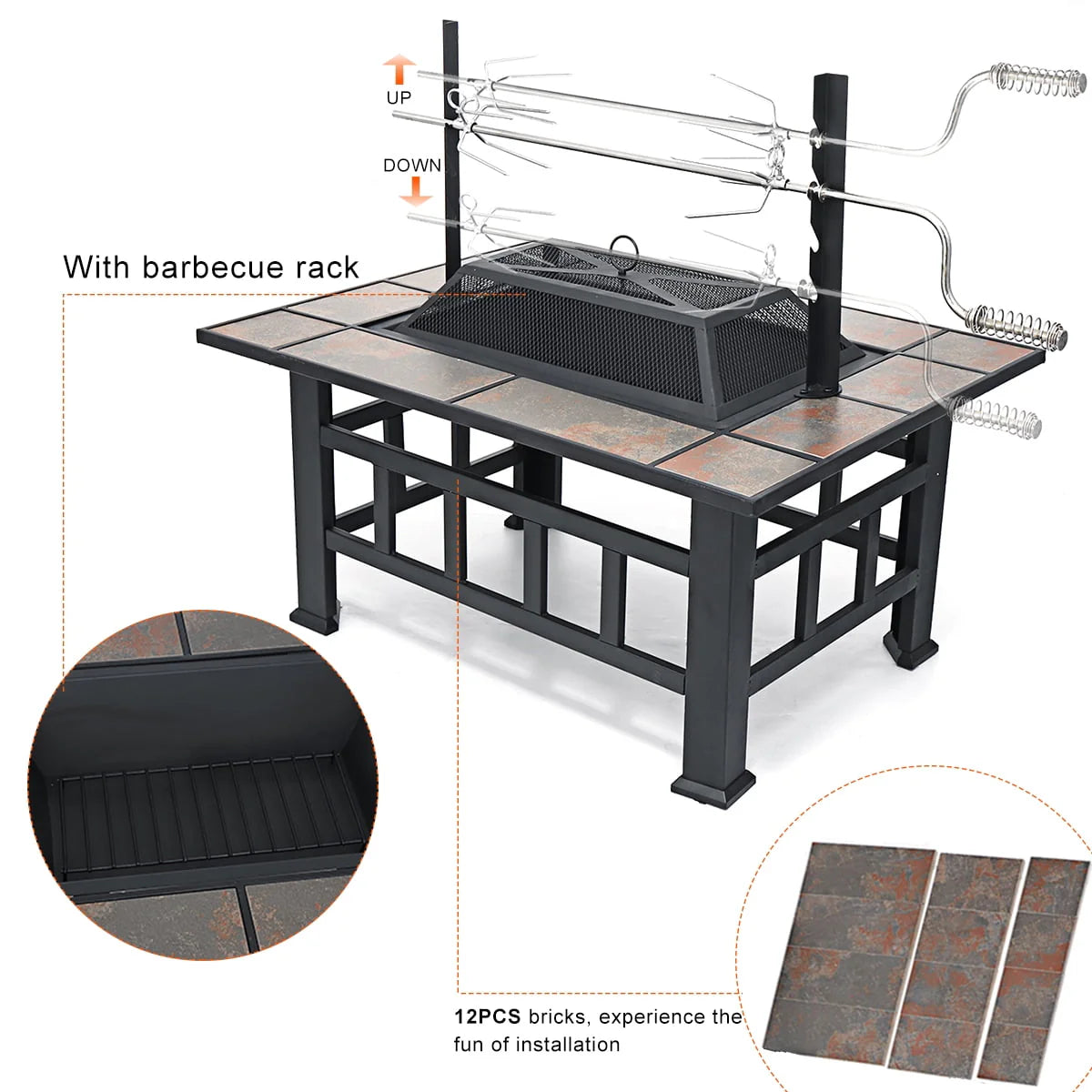 Fire Pits For Outside 37 inch Wood Burning Fire Pit Table With BBQ Grill Cooking Grate Lid Outdoor Fireplace Metal Square Tile Top Firepit Patio Backyard Garden,Black