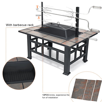 Fire Pits For Outside 37 inch Wood Burning Fire Pit Table With BBQ Grill Cooking Grate Lid Outdoor Fireplace Metal Square Tile Top Firepit Patio Backyard Garden,Black