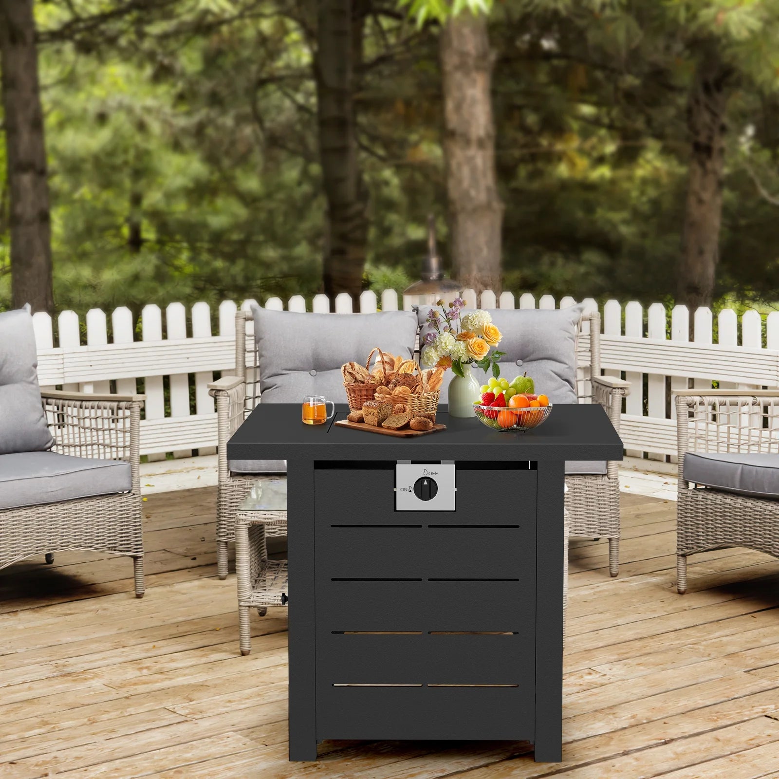 AMONSEE Propane Fire Pit for Outside, 28" GAS Firepit Table with Lid and Lava Rock for Patio Garden Party