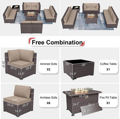 Kullavik Patio Furniture set Sectional Sofa 10 Pieces PE Rattan Wicker Patio Conversation Set w/43" Gas Fire Pit Table, Outdoor Furniture with 55000 BTU Propane Fire Pit,Sand