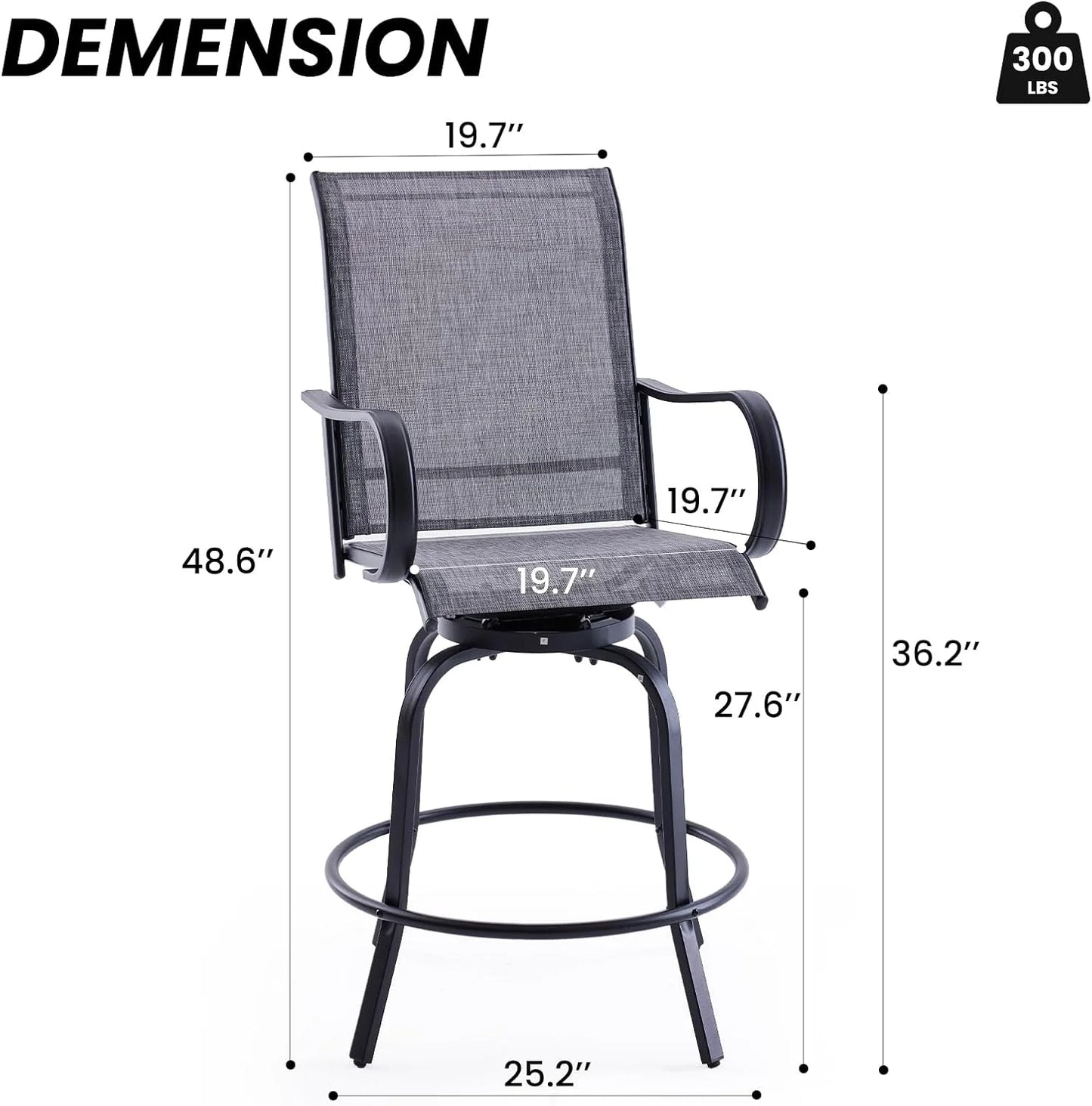 STARY Outdoor Bar Stools Set of 2, Swivel Patio Barstools with Textile Fabric,Ergonomic Comfort Bar Height Tall Outdoor Stools for Balcony,Dark Grey