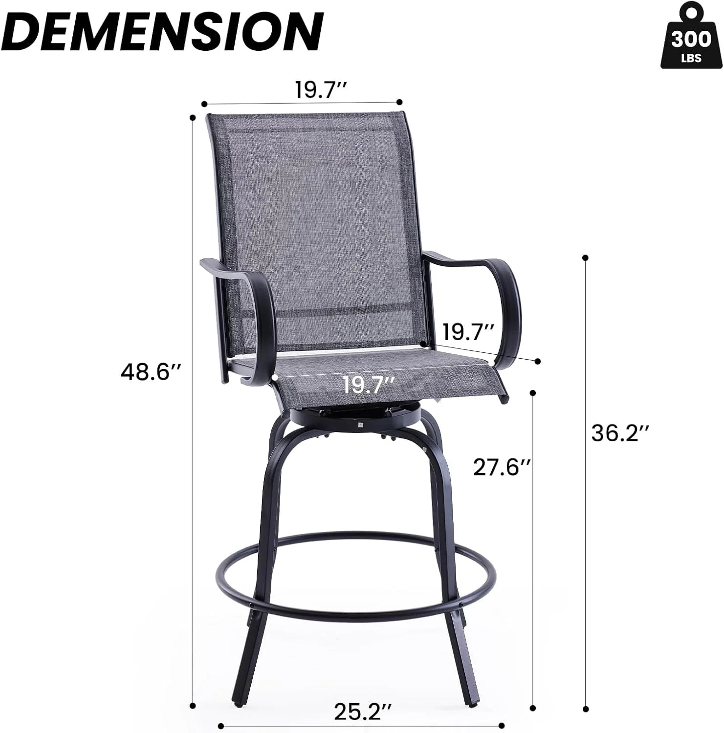 STARY Outdoor Bar Stools Set of 2, Swivel Patio Barstools with Textile Fabric,Ergonomic Comfort Bar Height Tall Outdoor Stools for Balcony,Dark Grey