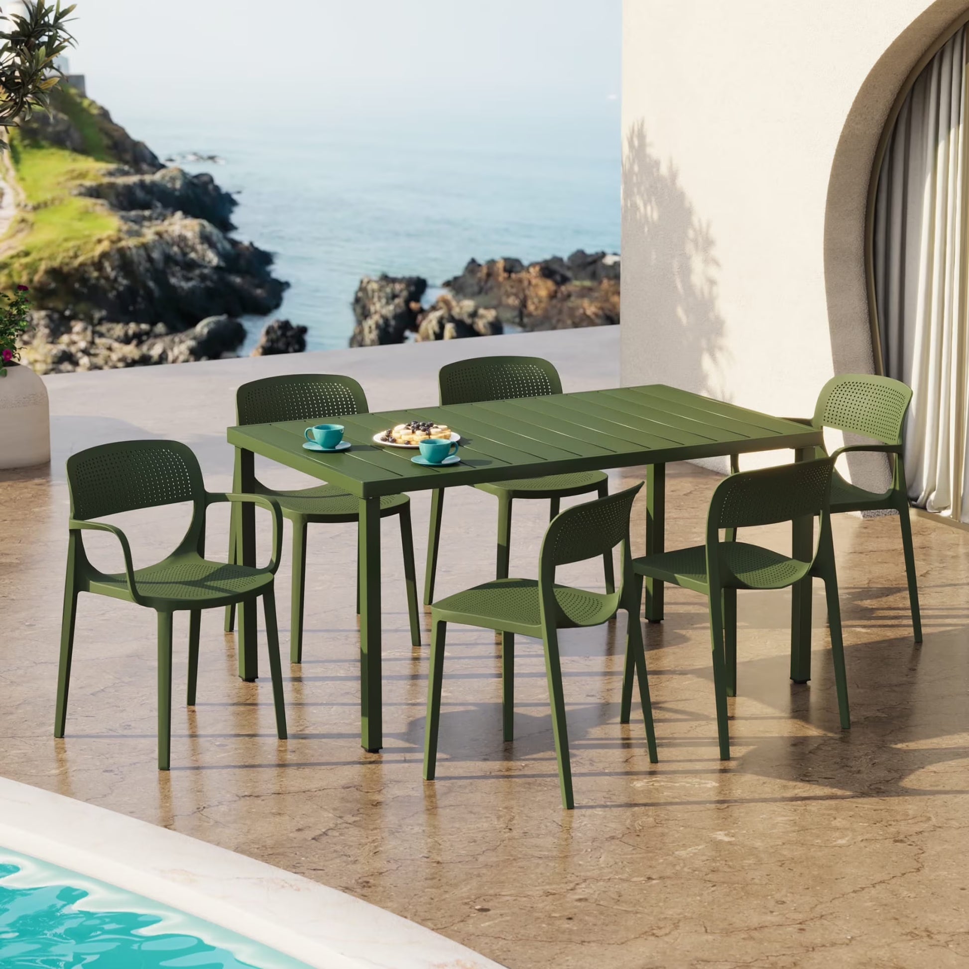 WestinTrends Playa 7-Piece Outdoor Rectangular Metal Patio Dining Table Set With Stackable Patio Dining Chairs, Red