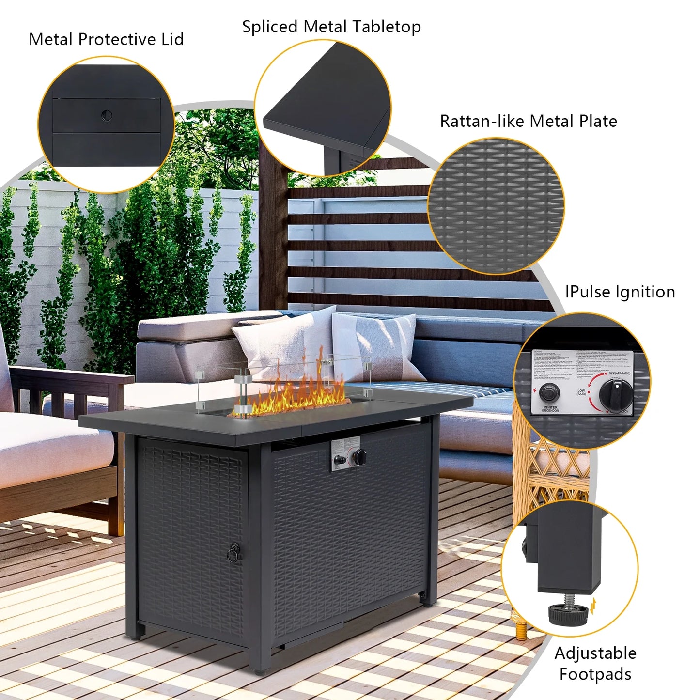 UBesGoo 43" Patio Gas Fire Pit Table, 50,000 BTU Auto-Ignition Fire Tables with Lid, Rain Cover for Outside Garden Backyard Deck Patio Black