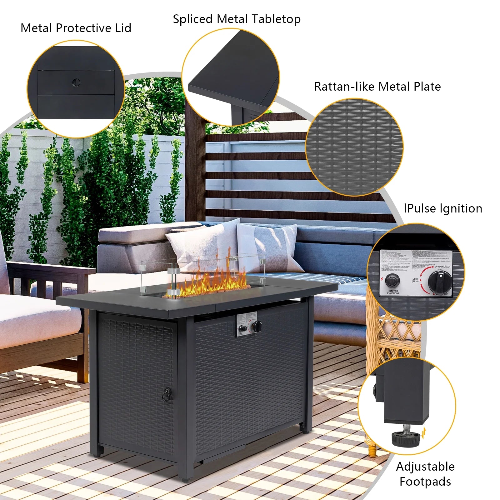UBesGoo 43" Patio Gas Fire Pit Table, 50,000 BTU Auto-Ignition Fire Tables with Lid, Rain Cover for Outside Garden Backyard Deck Patio Black