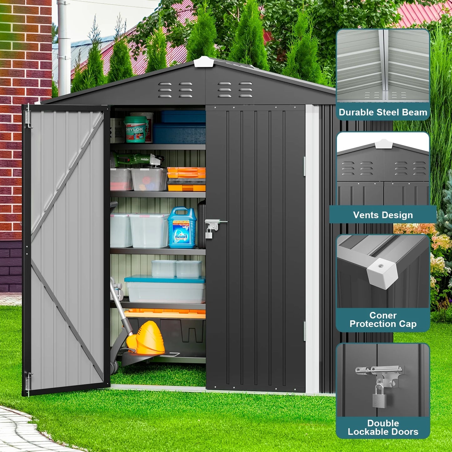 6x4FT Metal Outdoor Storage Shed, Garden Tool Shed with Lockable Doors & Slooping Roof for Backyard,Patio,Dark Grey