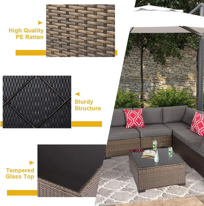 Kinbor 7Pcs Outdoor Furniture Set Wicker Sectional Sofa, Patio Conversation Sofa with Gray Cushion