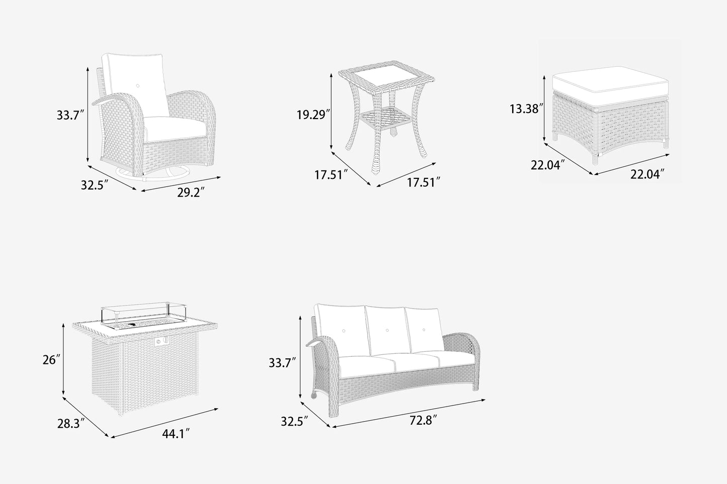 LayinSun 7 Pieces Outdoor Patio Furniture Set with Fire Pit Table, Rattan Wicker Sectional Swivel Rocker Chairs Sets