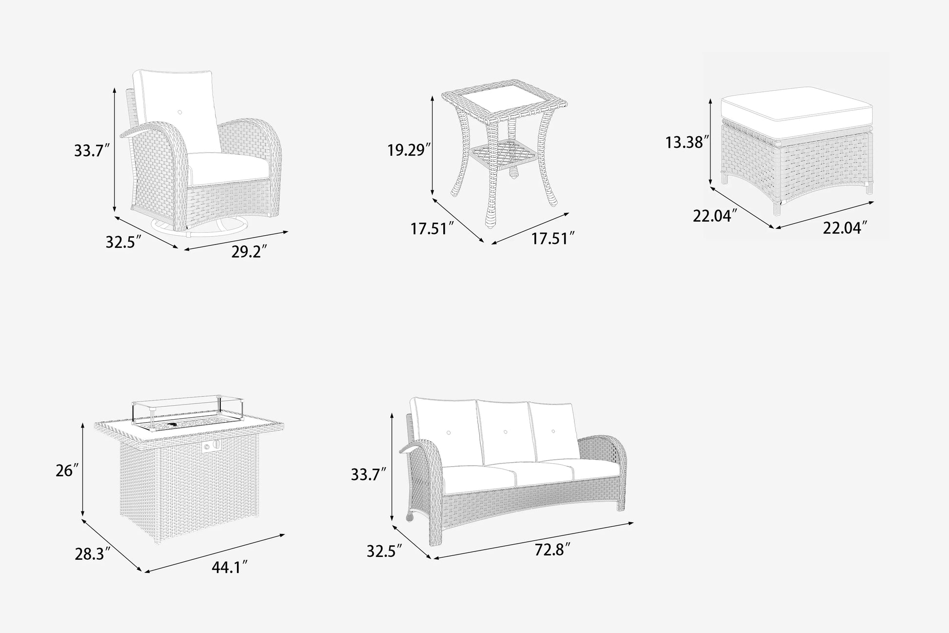 LayinSun 7 Pieces Outdoor Patio Furniture Set with Fire Pit Table, Rattan Wicker Sectional Swivel Rocker Chairs Sets