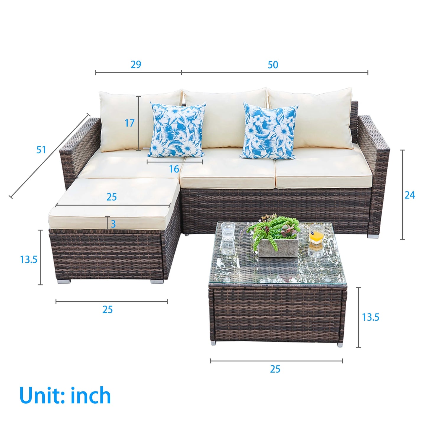 SUNTONE Patio Sectional Set - 3 Pieces Outdoor Conversation Set Wicker Rattan Outdoor Furniture Sofa with Table, Beige