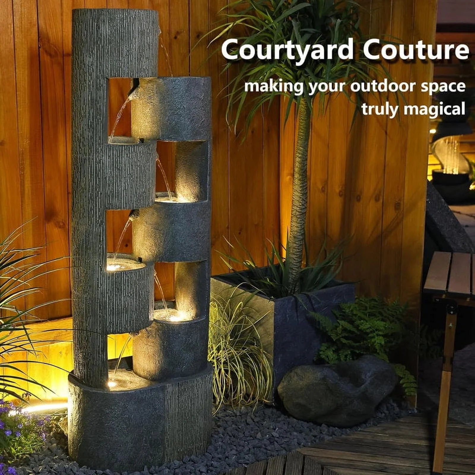 51" Outdoor Water Fountain Floor Standing Waterfalls Fountain with LED Lights for Garden, Living Room, Patio, Home Decor