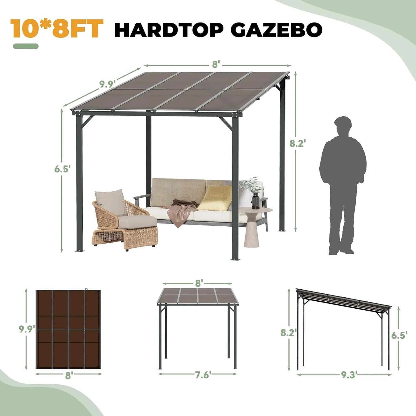 10x8 Pergola Patio Gazebo, Hardtop Outdoor Gazebo with Roof for Backyard, Decks, Garden