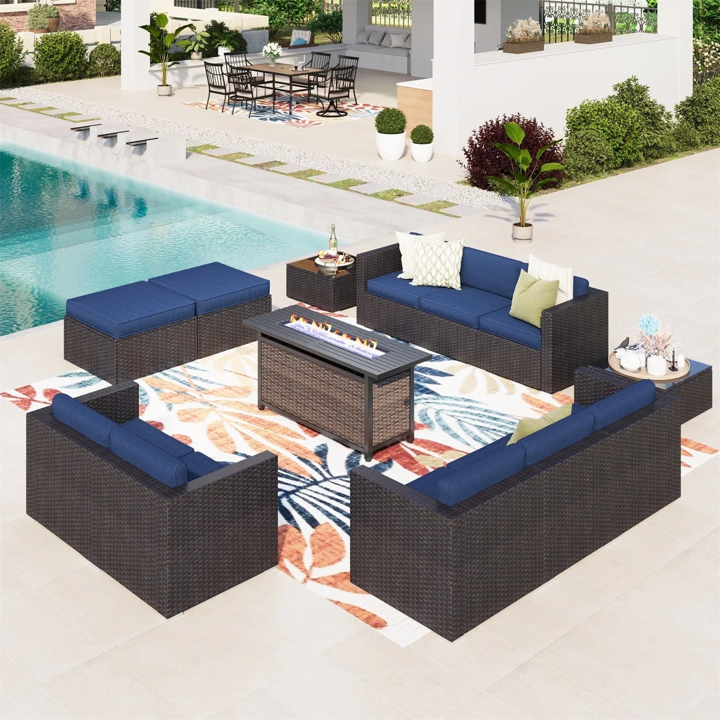 MF Studio 13 Pieces Outdoor Patio Furniture Set with 56-Inch Fire Pit Table Wicker Patio Conversation Set, Navy Blue