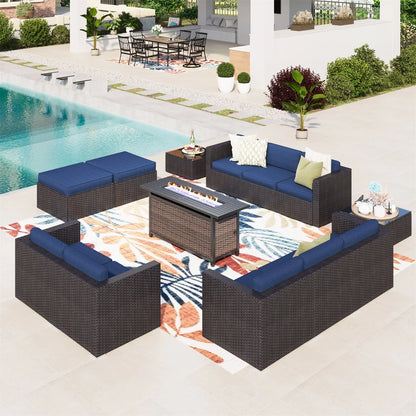 MF Studio 13 Pieces Outdoor Patio Furniture Set with 56-Inch Fire Pit Table Wicker Patio Conversation Set, Navy Blue