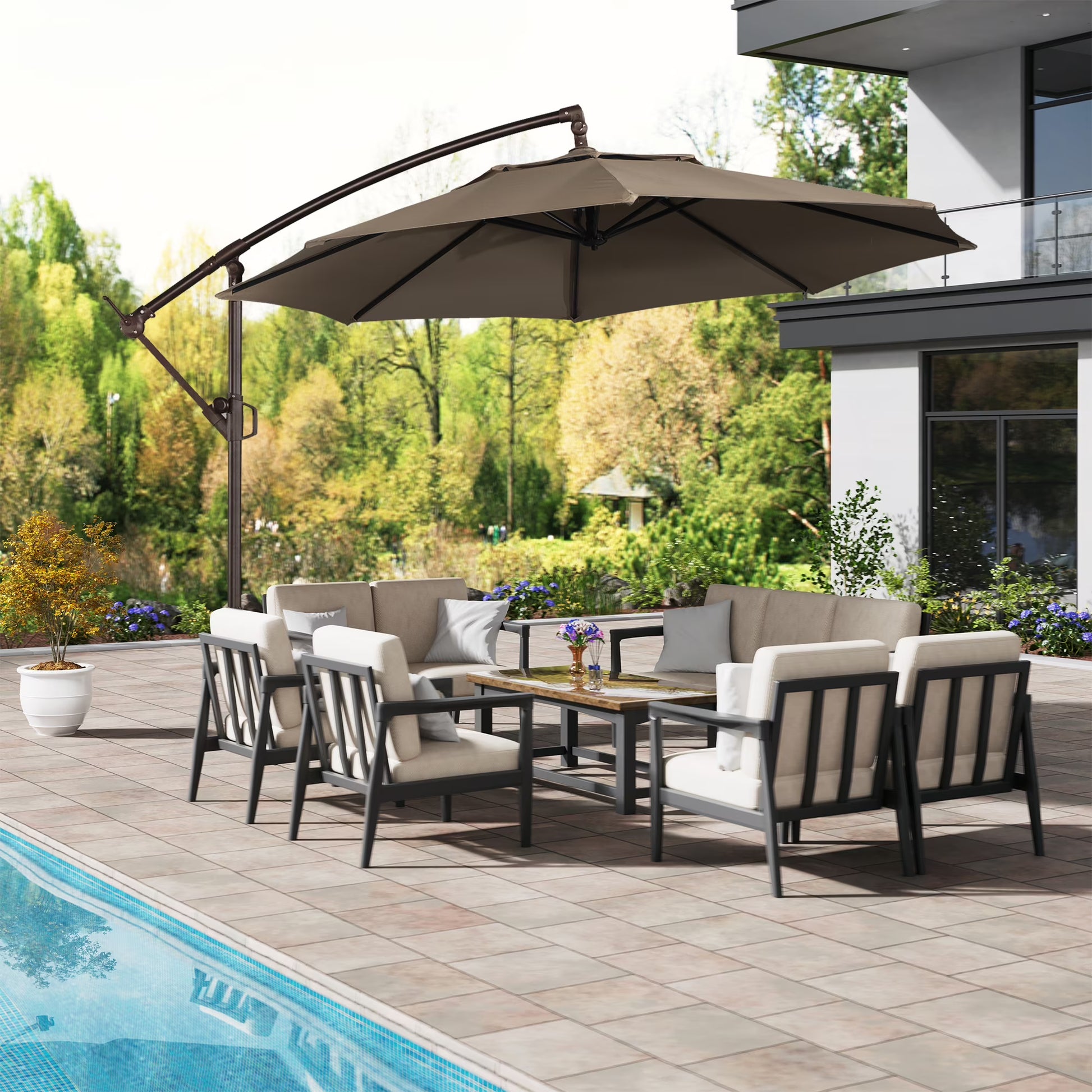 Mondawe 10ft Solar Lights Offset Cantilever Patio Umbrella - with Light, LED Lighted Offset Hanging Patio Outdoor Market Umbrella UPF50+ UV Protection with Crank,Navy Blue