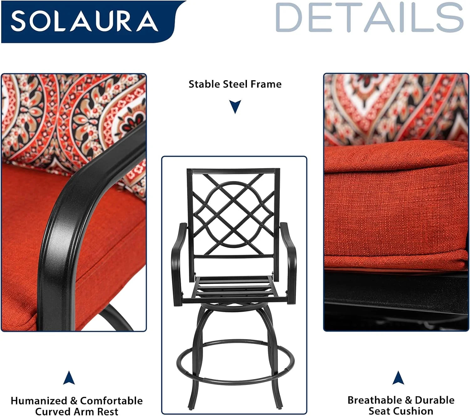 SOLAURA 2 Piece Outdoor Swivel Bar Stools Patio Metal Height Bistro Chairs with Cushions