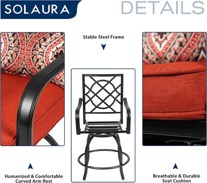SOLAURA 2 Piece Outdoor Swivel Bar Stools Patio Metal Height Bistro Chairs with Cushions