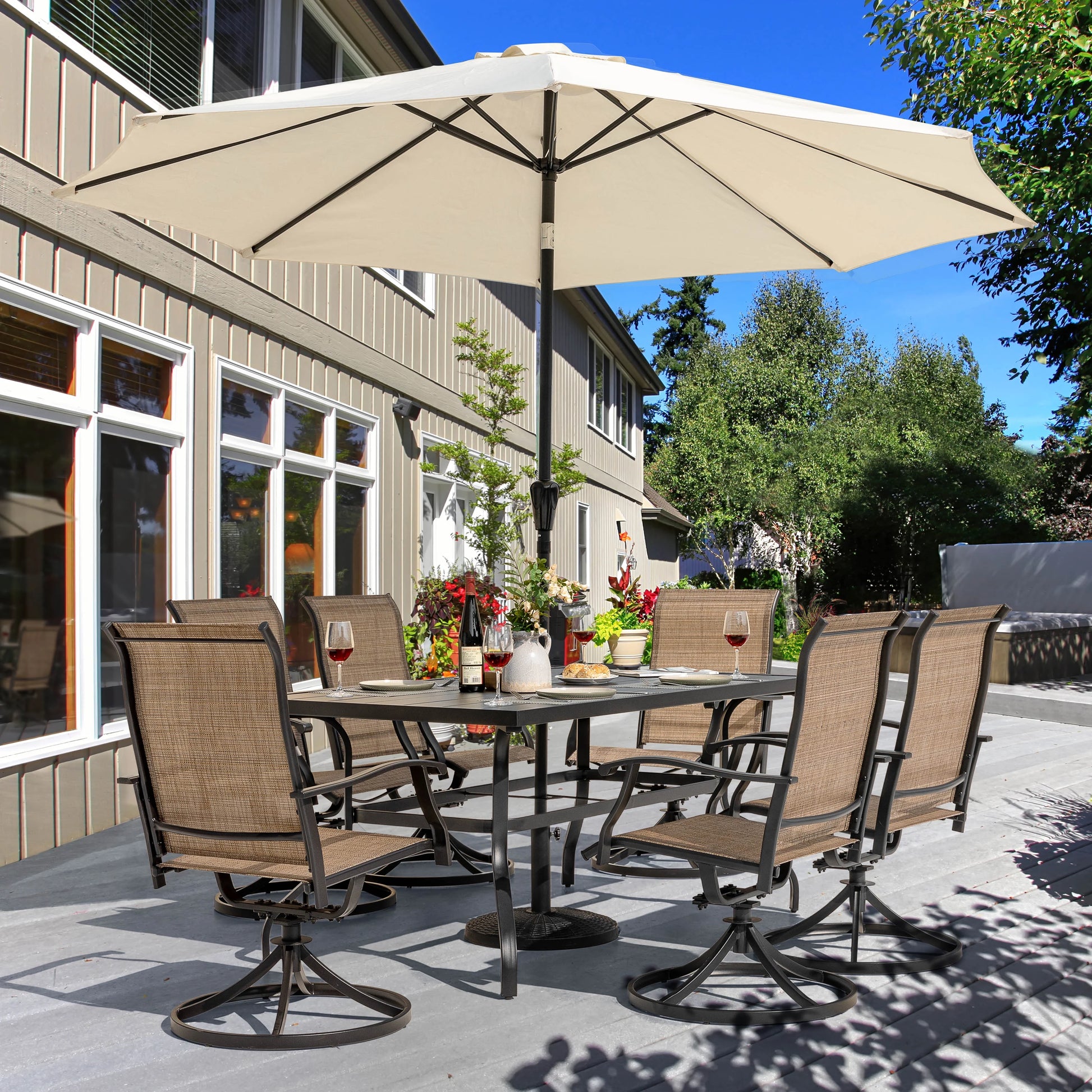 Nuu Garden 5 Piece Outdoor Patio Dining Set, Metal Patio Furniture Set 4 Textilene Swivel Chairs and 37" Square Iron Umbrella Dining Table,Black and Brown