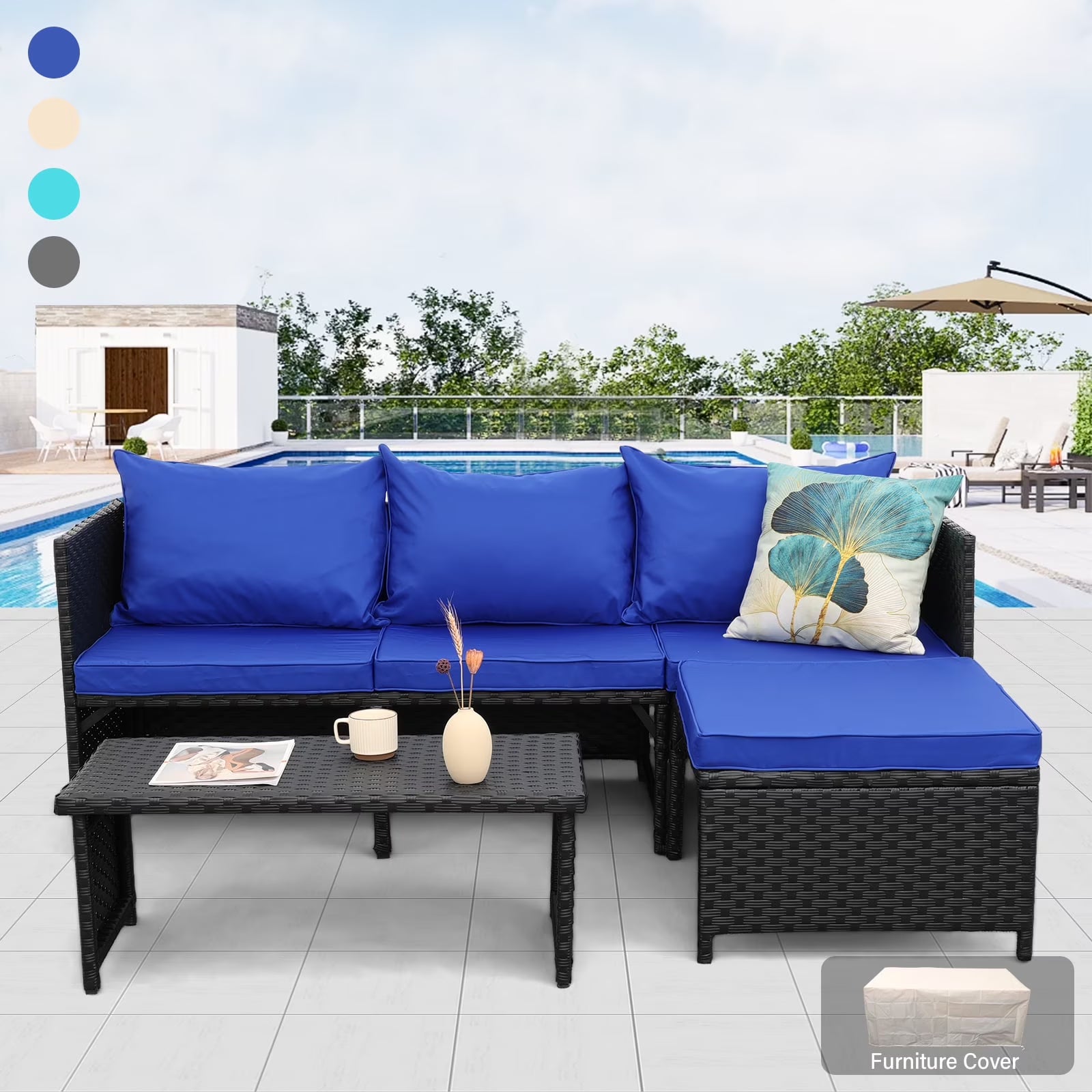 Waroom Outdoor Furniture Set 3 Pieces Patio Wicker Conversation Chairs and Coffee Table, Royal Blue