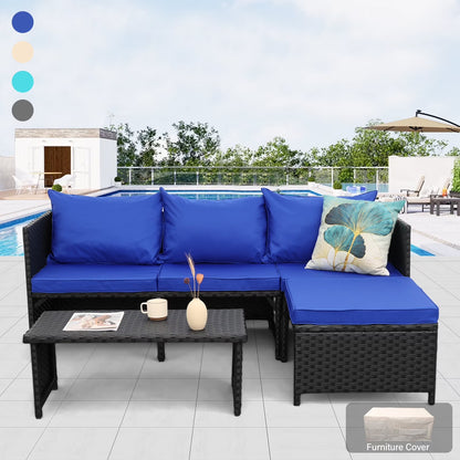 Waroom Outdoor Furniture Set 3 Pieces Patio Wicker Conversation Chairs and Coffee Table, Royal Blue