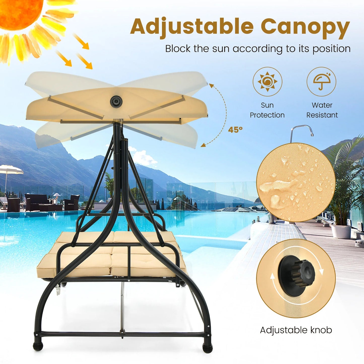 Gymax 3-Seat Outdoor Converting Patio Swing Glider Adjustable Canopy Porch Swing Beige