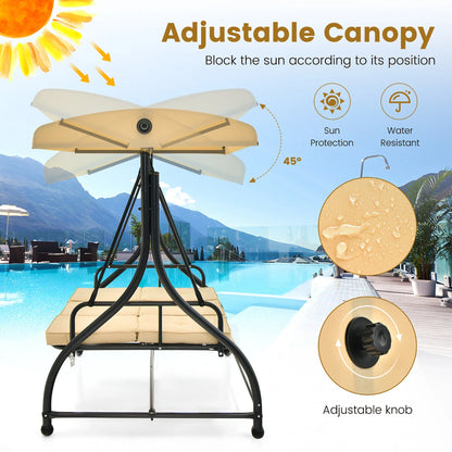 Gymax 3-Seat Outdoor Converting Patio Swing Glider Adjustable Canopy Porch Swing Beige