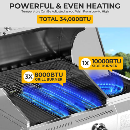 LHRIVER Stainless Steel BBQ Grill, 3 Burner Propane Gas Grill with Side Burner for Outdoor Cooking Patio Backyard