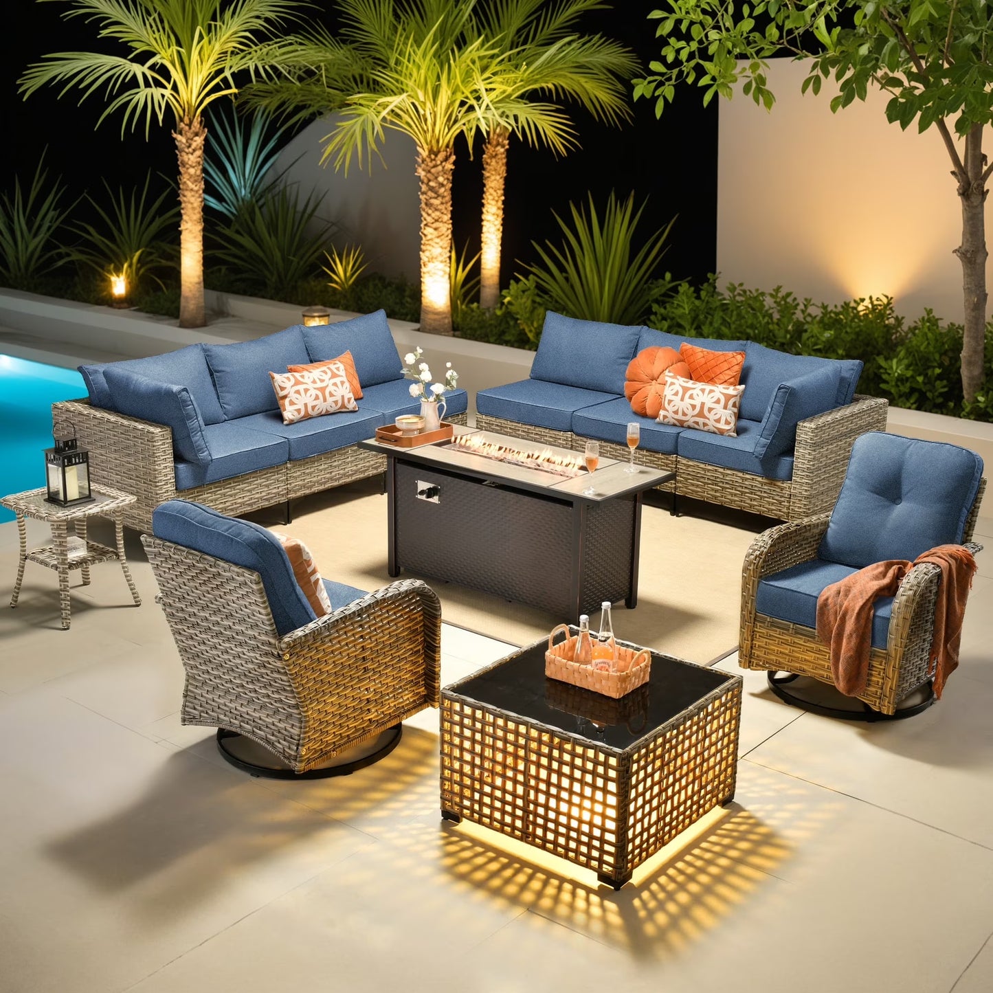 Ovios 11 Pieces Patio Outdoor Furniture Conversation Set with 54" Fire Pit Wicker Outdoor Sectional with Swivel Chair & Solar-Powered Table