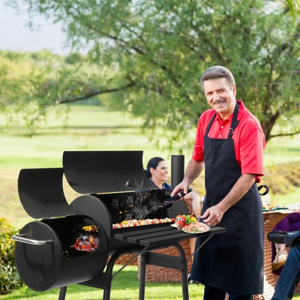 Barrel Charcoal Grill with Offset Smoker, Heavy-Duty Metal, Large Cooking Area, Mobile with Wheels for Backyard/Patio Gatherings