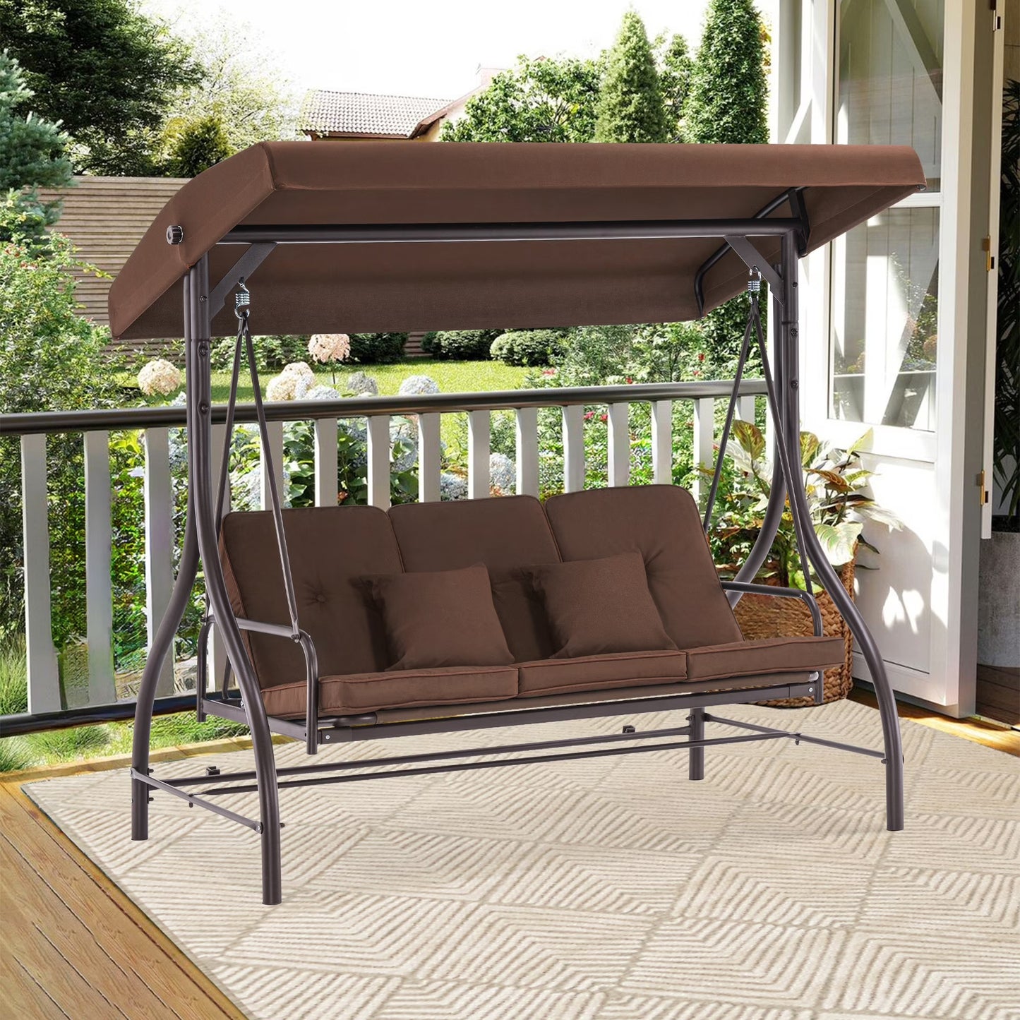 MCombo 3-Seat Outdoor Patio Swing Chair Cushioned with Adjustable Backrest and Canopy, Pillow, Brown