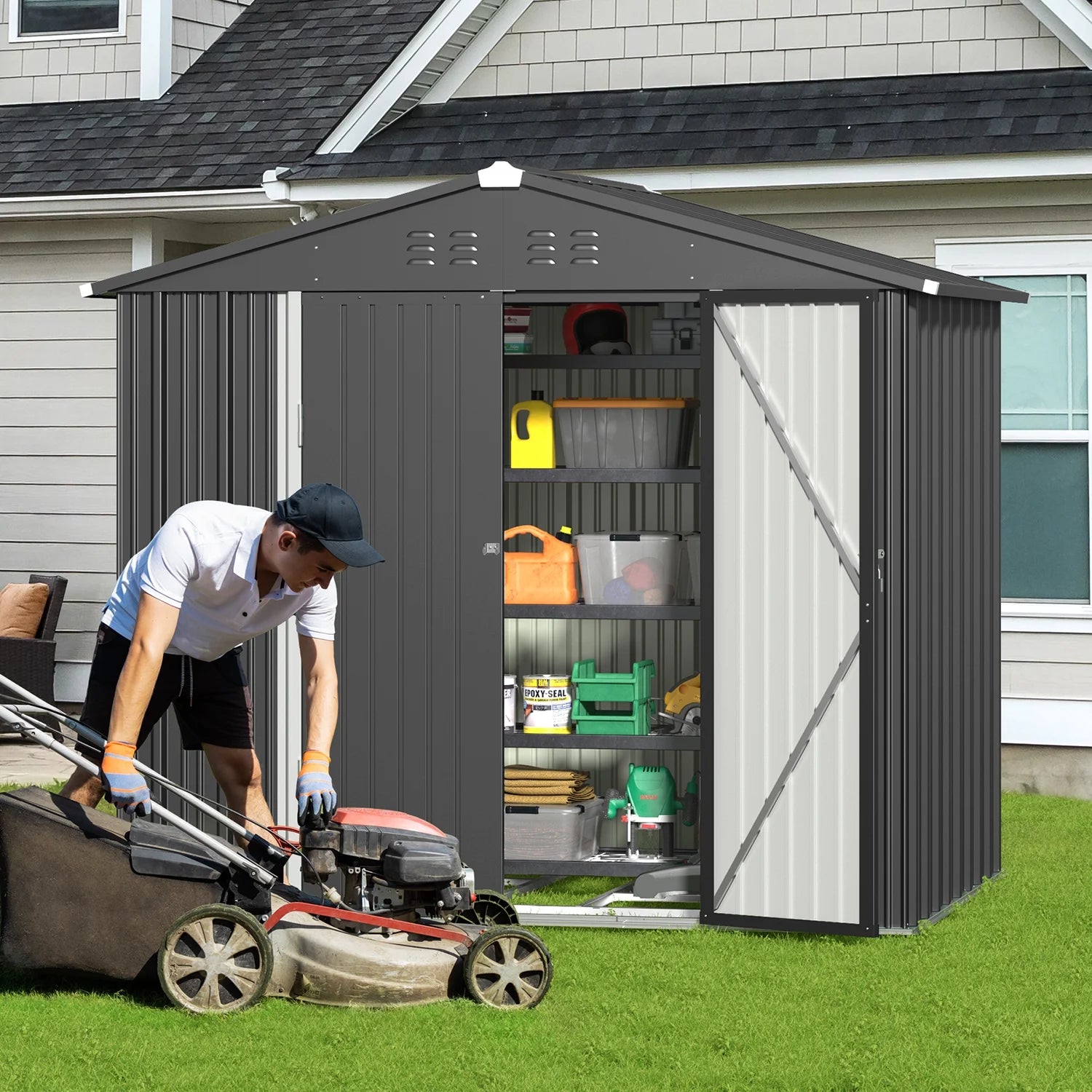 8' x 6' Outdoor Storage Shed, Lofka Garden Metal Shed with Double Lockable Doors and Air Vents for Patio, Garden, Backyard, Lawn, Gray