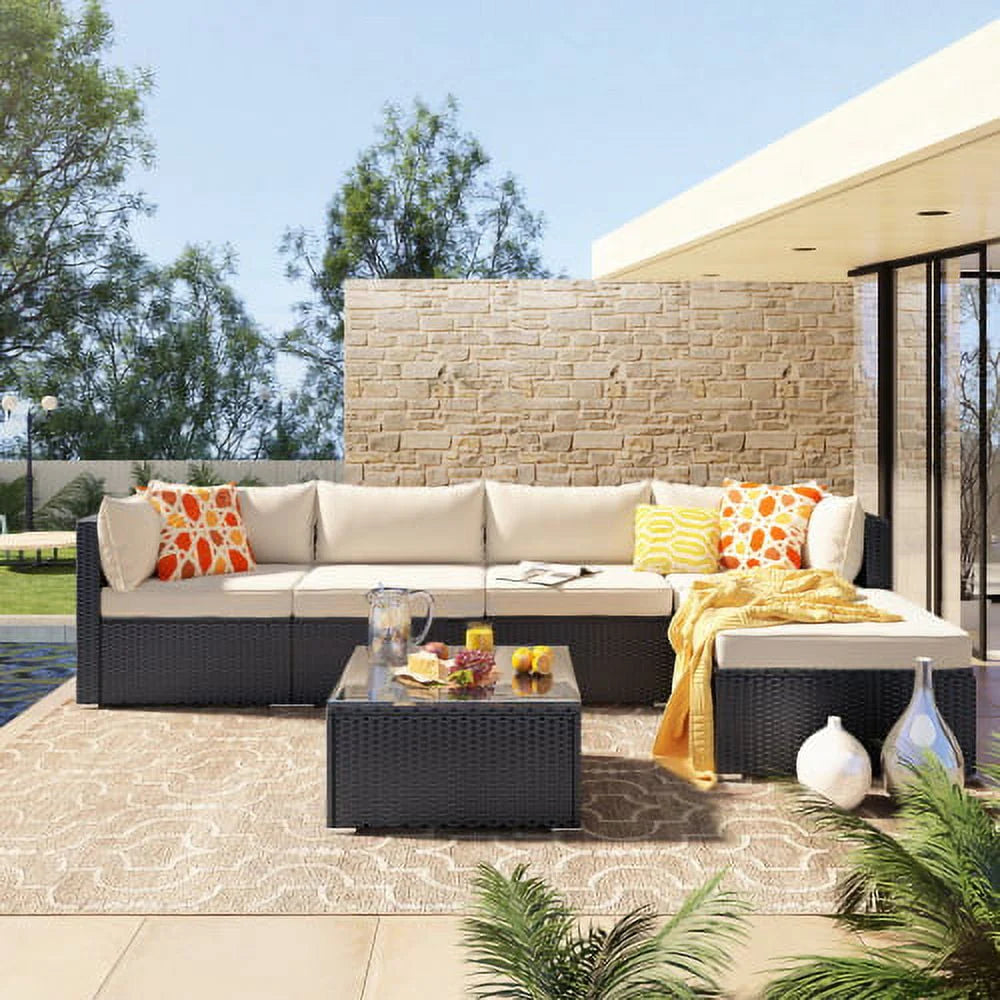 Highsound Patio Furniture Set Sofa 5-Piece Wicker PE Rattan Sectional Sofa Set, Outdoor Furniture Patio Conversation Sofa Set with Glass Coffee Table and Ottoman, Gray
