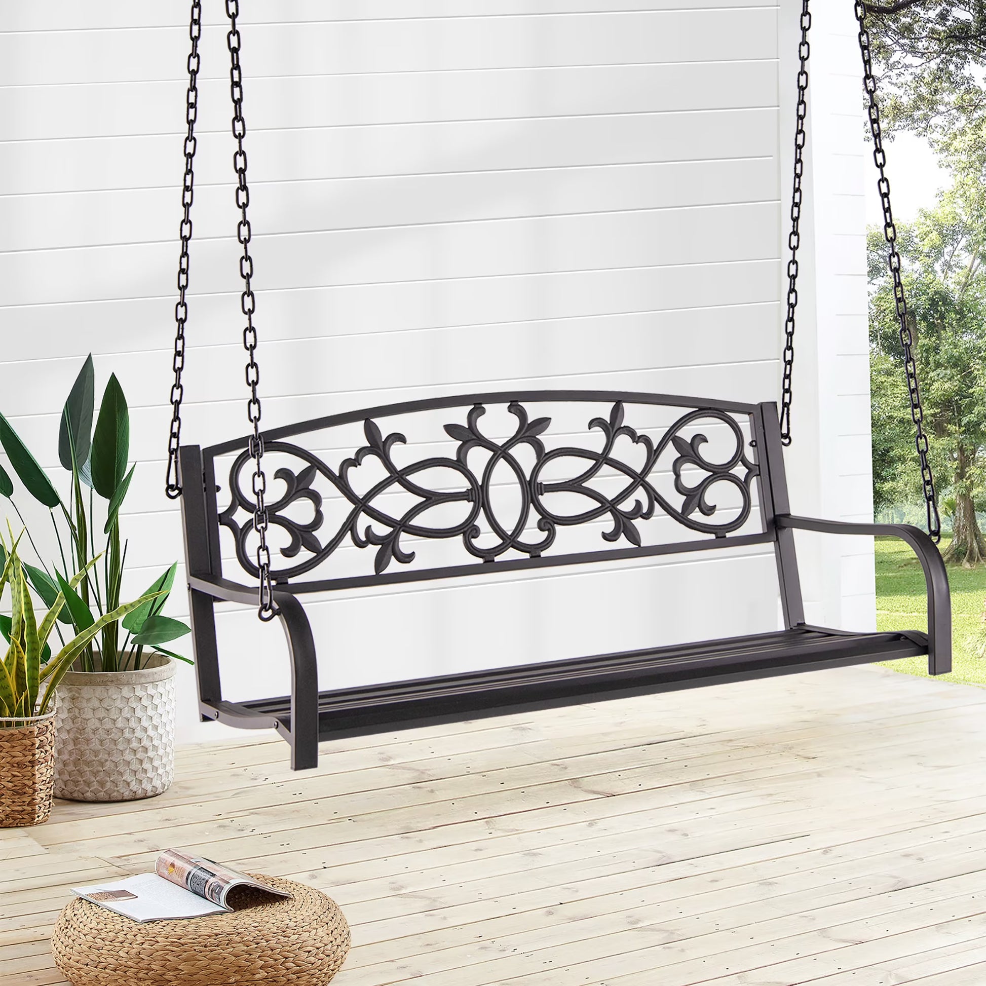 Costway 2-Person Metal Outdoor Porch Swing Hanging Patio Bench 485 Lbs Capacity Brown
