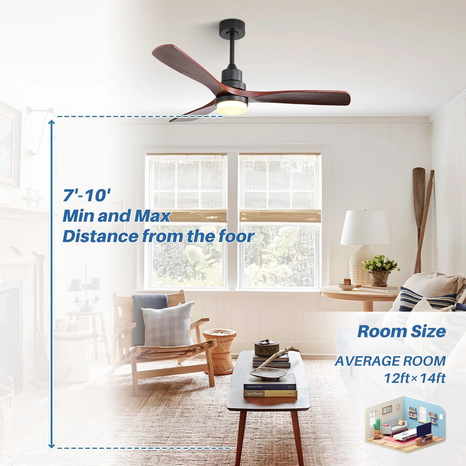 Sofucor 52" Ceiling Fans with Light and Remote Control, 3 Blades and Reverse Airflow,for Living Room,Patio,Black with Walnut Blades