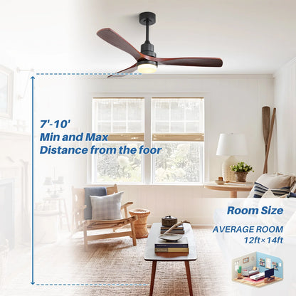 Sofucor 52" Ceiling Fans with Light and Remote Control, 3 Blades and Reverse Airflow,for Living Room,Patio,Black with Walnut Blades