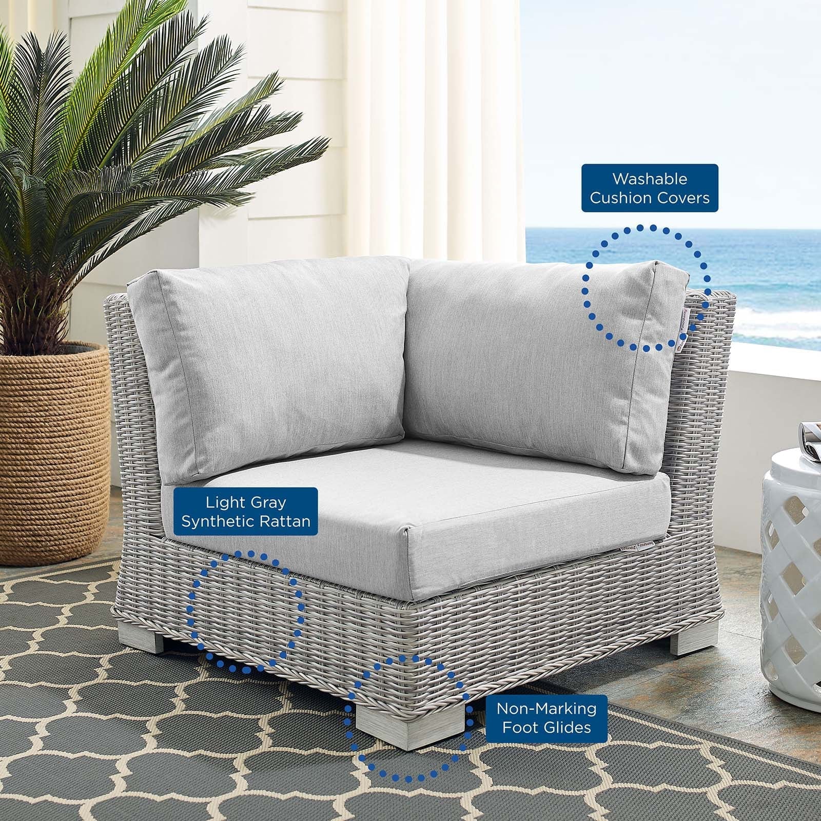 Modway Conway Sunbrella® Outdoor Patio Wicker Rattan Corner Chair in Light Gray Gray