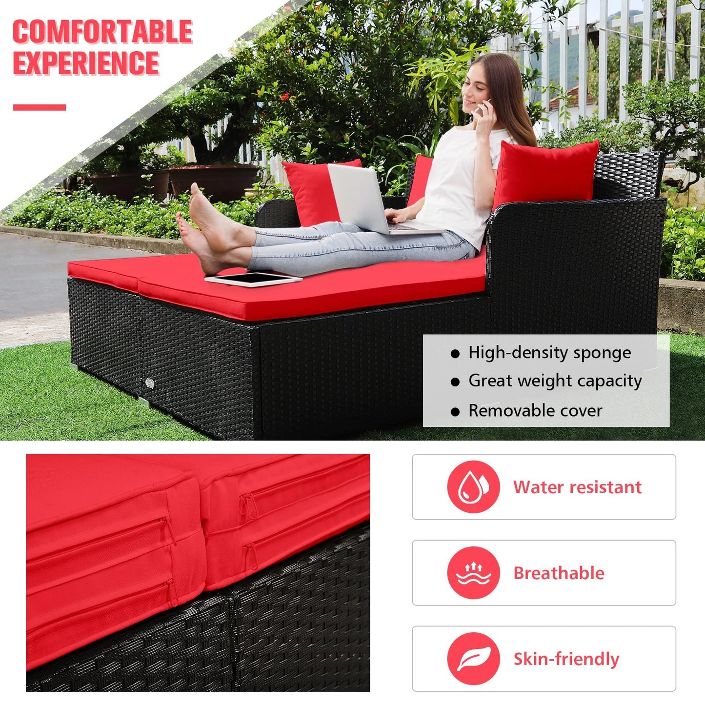 Giantex Rattan Daybed Patio Loveseat Sofa Set , Wicker Patio Furniture w/Padded Cushion & and Sturdy Foot, Red
